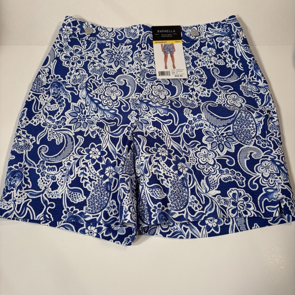 Rafaella Womens 8 Shorts Comfort Elastic Waist Stretch Pull-On Blue Floral NWT